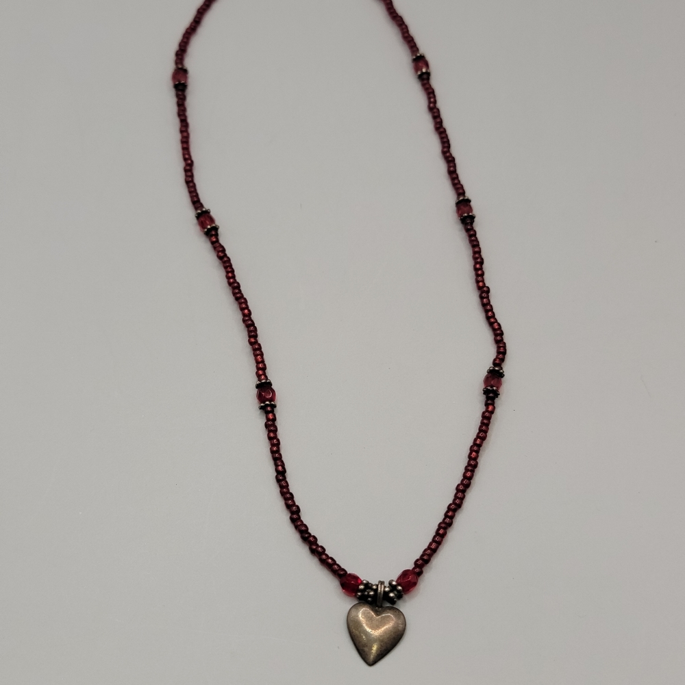 Sterling Silver red seed bead heart necklace signed IFS STER